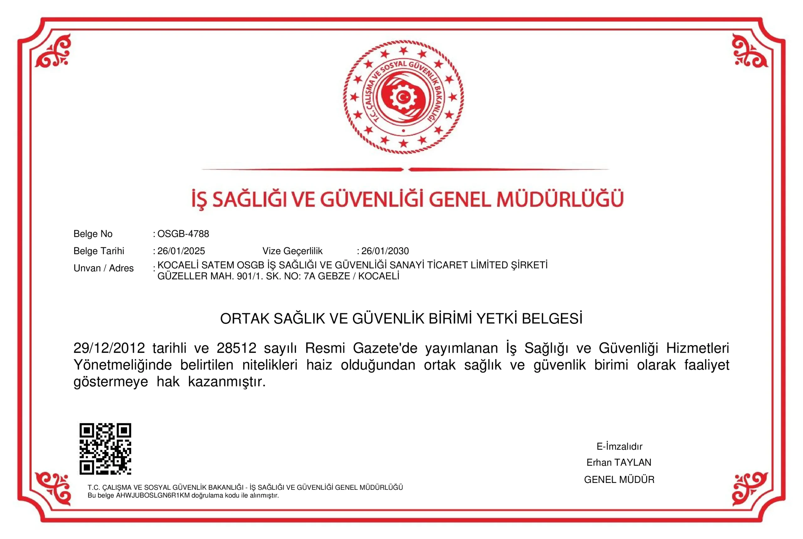 Bayrampaşa OSGB Yetki Belgemiz